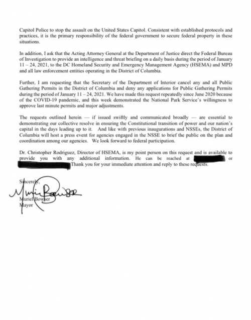 DC Mayor Muriel Bowser letter secrerary Wolf january 9 2021 2