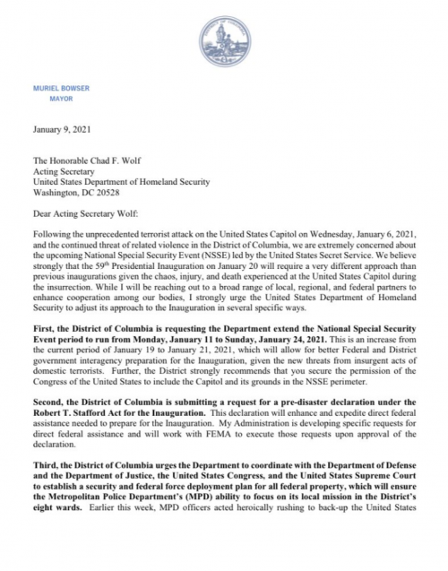 DC Mayor Muriel Bowser letter secrerary Wolf january 9 2021 1