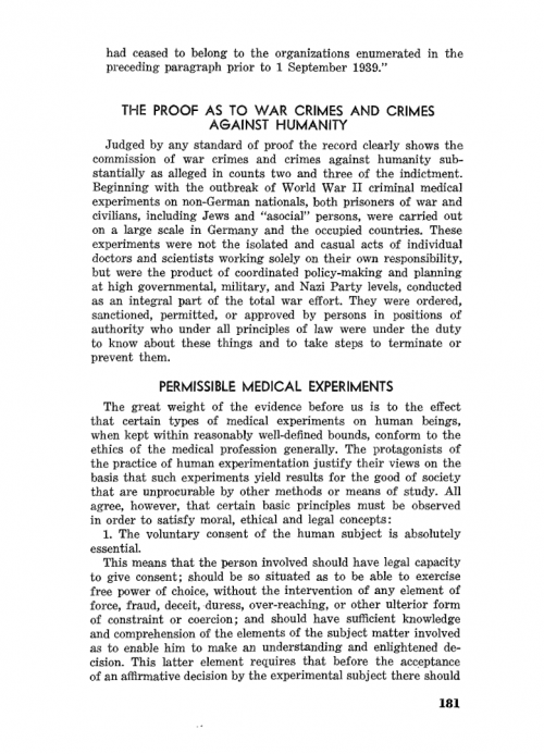 Nüremberg code Trials of War Criminals Vol II page 181