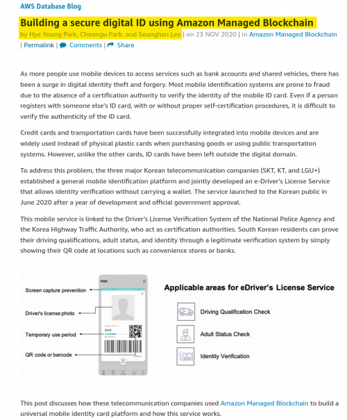 Source
https://aws.amazon.com/blogs/database/building-a-secure-digital-id-using-amazon-managed-blockchain/

Archive
https://archive.ph/R4kFE