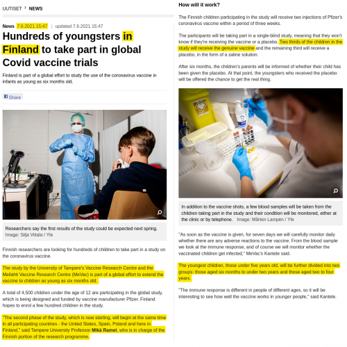 Pfizer United States, Spain, Poland and Finland medical experiment children