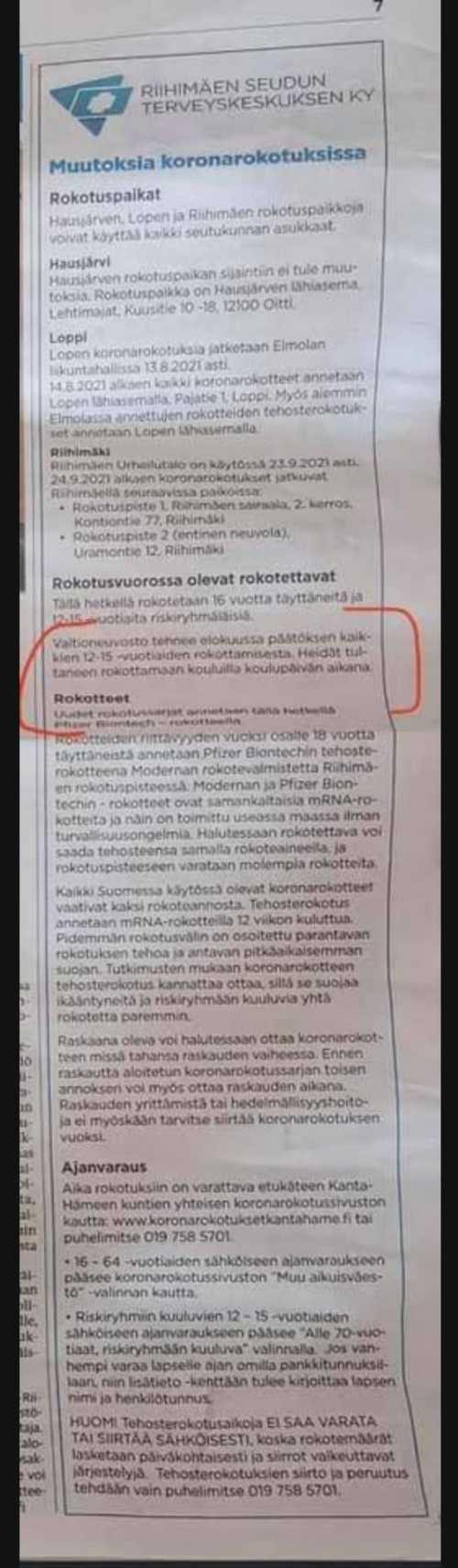 Riihimäen koulu koronarokotukset