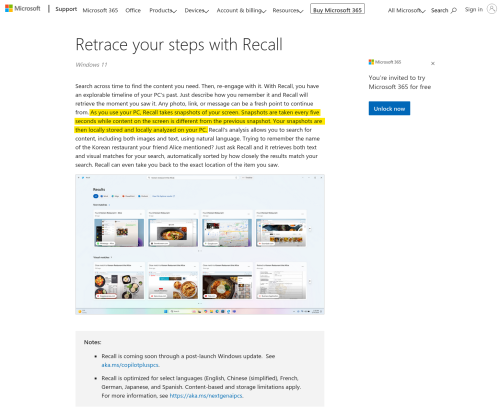 Source
https://support.microsoft.com/en-us/windows/retrace-your-steps-with-recall-aa03f8a0-a78b-4b3e-b0a1-2eb8ac48701c

Archive
https://archive.is/BwRg7