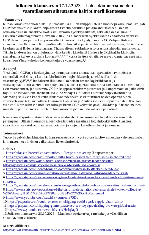 Lähteet
1 https://atlas.cid.harvard.edu/countries/110/export-basket top 3 export/import
2 https://gcaptain.com/israel-reports-houthi-forces-seized-two-cargo-ships-in-the-red-sea/
3 https://gcaptain.com/watch-houthis-release-video-of-galaxy-leader-seizure/
https://gcaptain.com/galaxy-leader-seizure-us-terrosit-labal-houthis/ 
4 https://gcaptain.com/updated-multiple-commercial-vessels-attacked-in-red-sea/
5 https://gcaptain.com/yemens-houthis-warn-they-will-target-all-ships-headed-to-israel/
6 https://gcaptain.com/attack-on-norwegian-chemical-tanker-underscores-houthi-threat-to-red-sea-shipping/
7 https://gcaptain.com/maersk-suspends-voyages-through-bab-el-mandeb-strait-amid-houthi-threat/
8 https://www.state.gov/revocation-of-the-terrorist-designations-of-ansarallah/#:~:text=Effective%20February%2016%2C%20I%20am,13224%2C%20as%20amended
9 https://www.youtube.com/watch?v=otmseam7SDo
10 https://gcaptain.com/houthi-attacks-on-shipping-could-spark-supply-chain-crisis/
11 https://gcaptain.com/shipping-giants-pause-red-sea-voyages-dealing-blow-to-global-trade/
12 https://www.youtube.com/watch?v=elvHcJqJagQ 
13 Julkinen tilannearvio 25.07.2023 – Maailman ruokaturva ja ruokaketjut väestöllisen sodankäynnin välineenä

Materiaaliliitteet
https://kuvat.kansanvalta.org/k/lahi-idan-meritilanne-vaara-alueet-houthi-iran.NfbUK